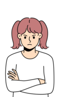 Angry little girl stands with arms crossed and looks at screen with hatred, showing disobedience or resentment. Teenage child needs parental affection to get rid of hatred and negative emotions png