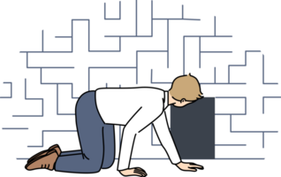 Man searching exit from labyrinth, crawling on floor near miniature door, as metaphor for difficult life situation. Guy is looking for way out of labyrinth, and needs hint or help. png