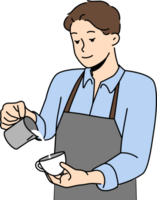 Man barista prepares delicious coffee with fresh cream, working in trendy coffee shop or restaurant. Barista guy pours milk into mug of cappuccino, which gives energy due to its caffeine content. png