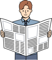 Man reads business newspaper to learn about news from large corporations or looks for job advertisements. Guy with daily newspaper scours press for inside information about company vacancies. png