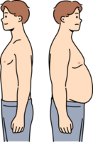 Thin and fat men stand side by side demonstrating changes in figures after eating fast food or working sedentary jobs. Fat guy has problems with excess weight caused by hormonal imbalance in body png