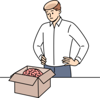 Man took brain out of head and put it in cardboard box, for concept of removing facts from memory. Stupid guy received new brain in package to quickly become smarter and acquire new skills png