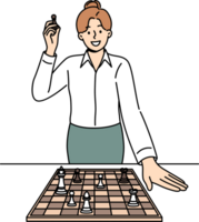 Business woman stands near chessboard, talking about importance of strategic planning and personnel skills. Chess pawn in hands of strategically thinking businesslady planning development of company png