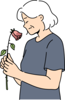 Elderly woman feels fading and weakening health or approach of death, holds withered rose. Widow experiences apathy due to age fading, for concept of aging and importance moral support for retirees png