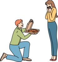 man ger pizza till älskad, stående på knä och förtjusande flickvän med färsk mat från italiensk restaurang. glad pojkvän föreslår äktenskap till flicka, med pizza istället av bröllop ringa png