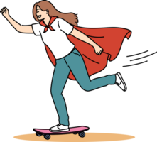 Woman in superhero cape uses skateboard to move around city and reach people in need of help. Girl feels like hero with superpowers when using skateboard to go to university or work png