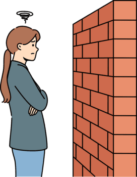 femme des stands près brique barrière, comme concept de insurmontable obstacle lorsque en essayant à résoudre problèmes. obstacle sur chemin de la personne en mouvement vers l'avant et vouloir à atteindre buts ou accomplir des plans png