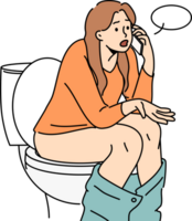 Woman sits on toilet bowl in wc and talks on phone with friend, discussing colleagues from work or fellow students from university. Girl with symptoms of diarrhea calls doctor located in toilet png