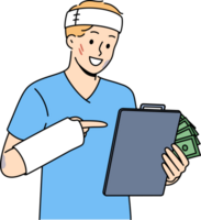 Sick man rejoices at receiving health insurance to cover hospital bills after car accident. Guy with bandaged head and hands holds money received for health insurance and clipboard png