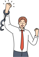 Business man feels joy after being fired from job with bonded working conditions, joyfully waving handcuffed hands. Successful guy celebrates being fired from unloved company with bad bosses png