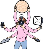 multi-bras femme photographe Est-ce que nombreuses des choses à même temps dû à manquer de de assistant ou problèmes avec planification. professionnel photographe multitâche pendant photo tirer à augmenter productivité png