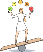 Woman balances and demonstrates power of self-cantation to achieve emotional health by throwing up different emojis. Girl standing on swing demonstrates importance of self-control for successful life. png