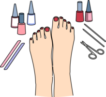 vrouw voeten na pedicure procedure, met nagel Pools en schaar of bestanden in de buurt goed verzorgd geschilderd nagels. pedicure Diensten voor Dames, maken tenen meer aantrekkelijk, voor vervelend Open schoenen png