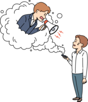 Angry manager scolds helpless subordinate while leaning out of mobile phone with megaphone in hands. Manager violates subordination by raising voice to subordinate to obtain high business results. png