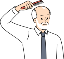 Elderly balding man holds comb over head, upset about hair loss due to old age. Balding businessman in white shirt and tie is thinking of hair transplant operation on forehead and occiput png