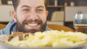 Unhealthy eating man, ready-made foods. video