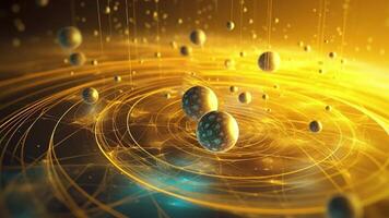 AI Generated Slow motion of quantum mechanics physical particles, yellow background. The concept was created. video