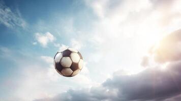 Slow motion of a flying soccer ball, blue sky background with clouds. AI generated. video