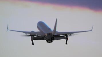 Drohne fliegt Nächster zu ein Ebene, ein Drohne beim ein Flughafen, ein Drohne im ein beschränkt Bereich video