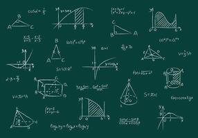 tiza conjunto de matemático cifras, funciones, fórmula, cálculo y ecuación. mano dibujado blanco tiza geométrico triángulo, cuadrado, conos y función gráficos son dibujado en verde colegio pizarra vector