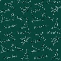Seamless pattern of chalk geometric triangle and theory formula. Doodle math blackboard. Handwritten white chalked geometry signs and equations on green school chalkboard background vector