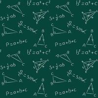 sin costura modelo de tiza geométrico triángulo y teoría fórmula. garabatear matemáticas pizarra. escrito blanco tiza geometría señales y ecuaciones en verde colegio pizarra antecedentes vector