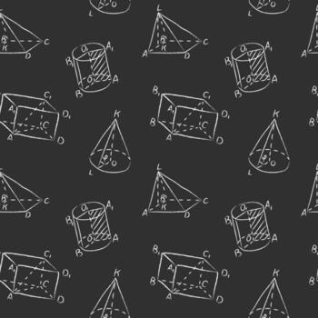 Seamless pattern of chalk various geometric shapes. Hand drawn white chalked triangle, tetrahedron, square, parallelepiped, cones and cylinder are drawn on black school chalkboard background vector