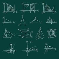 Chalk various geometric shapes. Hand drawn white chalked triangle, square, cones and function graphs are drawn on green school chalkboard background. Set of mathematical figures and functions vector