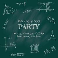 Back to school party banner. Chalk doodle math blackboard. Round design template include of handwritten mathematical figures, triangle, geometry functions, formula, calculation and equation vector