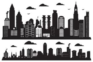 set of City silhouette in flat style. Modern urban landscapec illustration. City skyscrapers building office skyline on white background free design vector