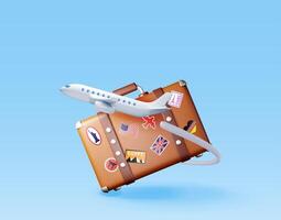 3d vintage travel bag with stickers and airplane. Render classic leather suitcase and aircraft. Travel element. Holiday or vacation. Transportation, trip concept. vector