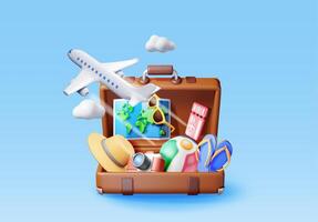 3d vintage travel bag with airline ticket, map and beach clothes. Render paper ticket with plane icon, suitcase and photo camera. Travel, holiday or vacation and transportation. vector