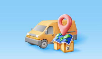 3D delivery van and cardboard boxes and map. Render express delivering services commercial truck. Concept of fast and free delivery by car. Cargo and logistic. vector