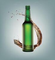 a green bottle of beer is being splashed with water. vector