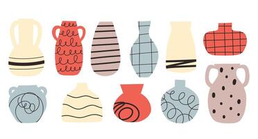 Set of abstract ceramic vases. Modern pottery abstract vases. Drawn jugs. illustration. vector