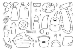 Set of cleaning elements. collection of clip art cleaning in doodle style. vector