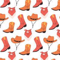 Seamless pattern with cowboy hat and boots. Wild west print. Cowboy pattern in hand drawn flat style. vector