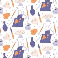 Seamless pattern with pottery tools and ceramic vases. illustration. Pottery pattern in hand-drawn style. vector