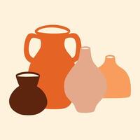 Pottery vases and jugs isolated on a white background. Boho ceramic jugs and vases. illustration. vector
