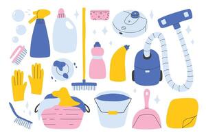 Set of cleaning elements. collection of clip art cleaning in hand drawn style. vector