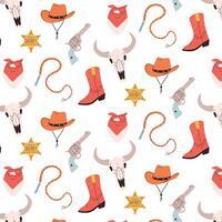 Wild west seamless pattern in hand drawn style. Pattern with a revolver, cowboy hat, boots, whip and bull skull. illustration. vector