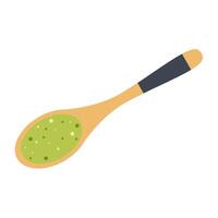 Wooden spoon with powder for making matcha green tea. vector