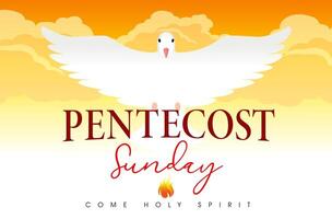 Pentecostés domingo, boletín bandera concepto. ven santo espíritu símbolo. blanco paloma volador en el sk vector