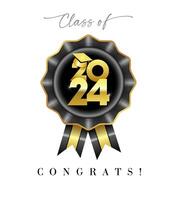 Class of 2024 congrats. Cute graduating banner concept with 3D graphic style black rosette and shiny golden elements. Creative badge. School awards design. Rewards ribbon template. Educational poster. vector