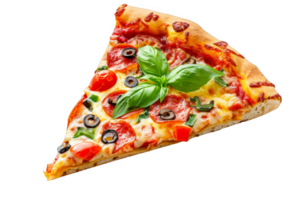 délicieux Pizza tranche avec basilic, Olives, et tomates png