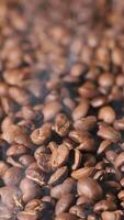 Vertical slow motion of roasted coffee beans falling. Organic coffee seeds. video