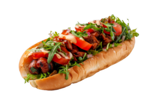 delicioso caliente perro con coberturas en un bollo png