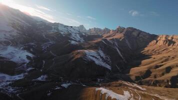 Antenne Aussicht von fpv fliegend hinter das Vogel von Beute Geier. schleppend Bewegung. jagen ein wild Vogel im das Luft Über das Berge beim Sonnenuntergang. Berge bedeckt mit Schnee video