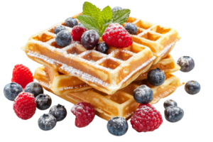 Stack of Waffles With Berries and Powdered Sugar png