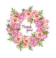 Watercolor illustration wreath frame with pink peonies, buds, leaves and text thank you. This botanical arrangement is isolated from the background, making it ideal for decor, stationery, wedding png